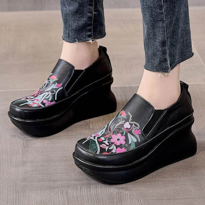Spring Ethnic Style Women Genuine Leather Shoes Slip-On Wedges Heels Shoes Thick Sole Casual Ladies Platform Shoes - Touchy Style