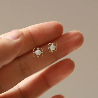 925 Sterling Silver Electroplated 14K Gold Earrings for Women French Imitation Opal Zirconia Flower Light Luxury Earrings - Touchy Style