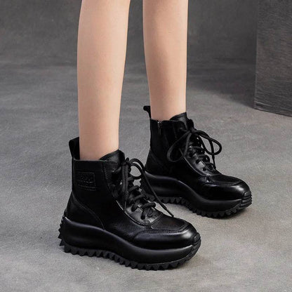 Handmade Woman Genuine Leather Sneakers Thick Soled Short Boots Height Increasing British style Platform Women&