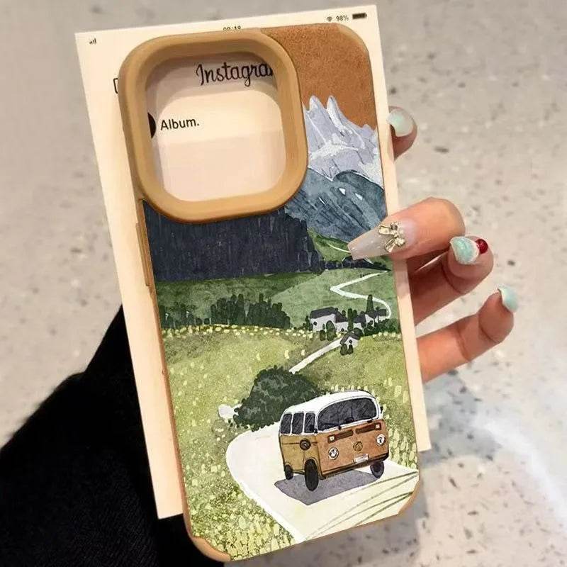 Cute Phone Cases For iPhone 11, 12, 13, 14, 15, 16 Pro Max, 11 Plus, XS, X, XR - Drive Travel Landscape Pattern - Leather Bumper Cover - Touchy Style