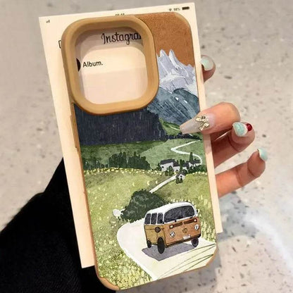 Cute Phone Cases For iPhone 11, 12, 13, 14, 15, 16 Pro Max, 11 Plus, XS, X, XR - Drive Travel Landscape Pattern - Leather Bumper Cover - Touchy Style