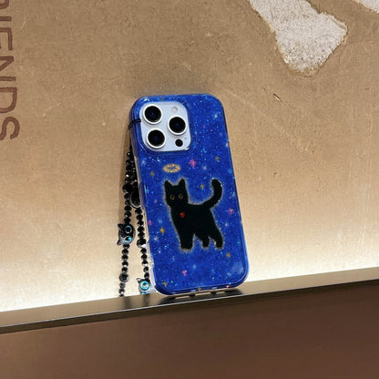 Cute Phone Cases For iPhone 16, 15, 14, 13 Pro Max - Glittering Blue Background Black Cat Pattern - Cover With Wrist Chain - PC6530 - Touchy Style