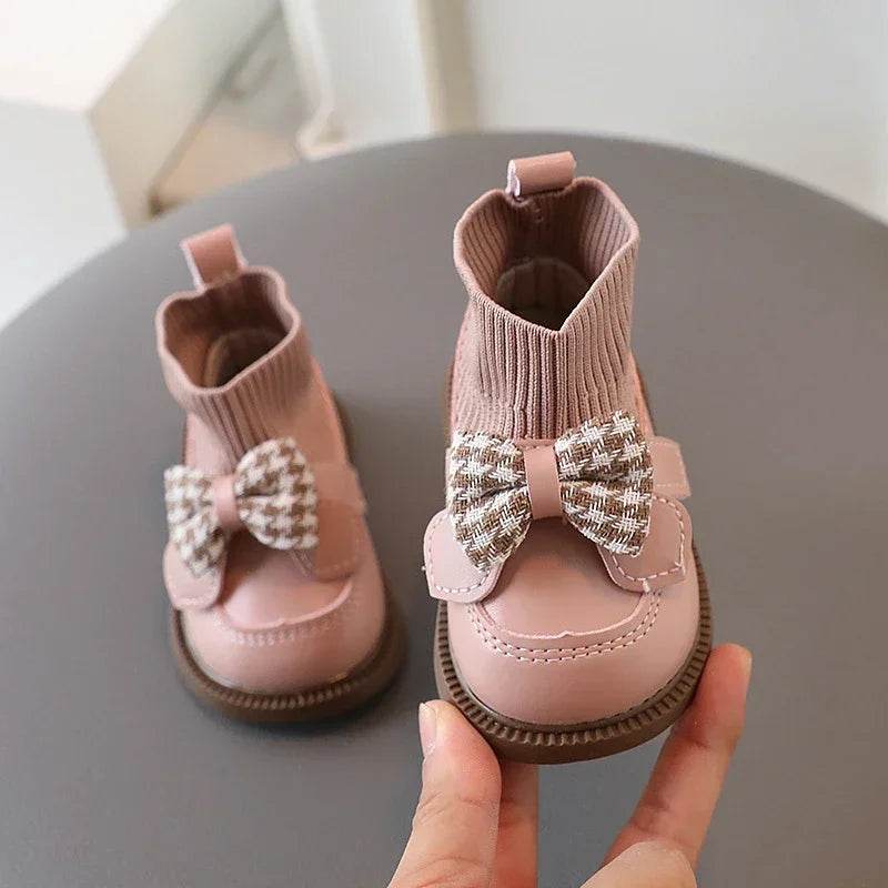 High Top Baby Girl Kintted Sock Shoes Houndstooth Buttefly-knot Toddler Boots for Kids Girls Elegant Newborn Autumn Shoes G09273 - Touchy Style