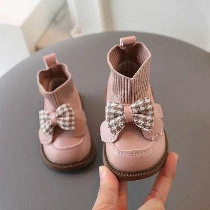 High Top Baby Girl Kintted Sock Shoes Houndstooth Buttefly-knot Toddler Boots for Kids Girls Elegant Newborn Autumn Shoes G09273 - Touchy Style