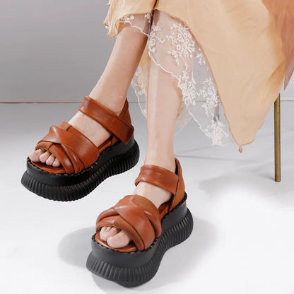 Summer New Thick Sole Peep Toe Platform Sandals Genuine Leather Vintage Comfortable Women&