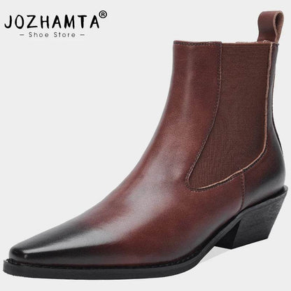 JOZHAMTA Size 32-44 Women Vintage Ankle Boots Genuine Leather Slip-On Chunky Heels Western Boots Fall Winter 2025 Fashion Boots - Touchy Style