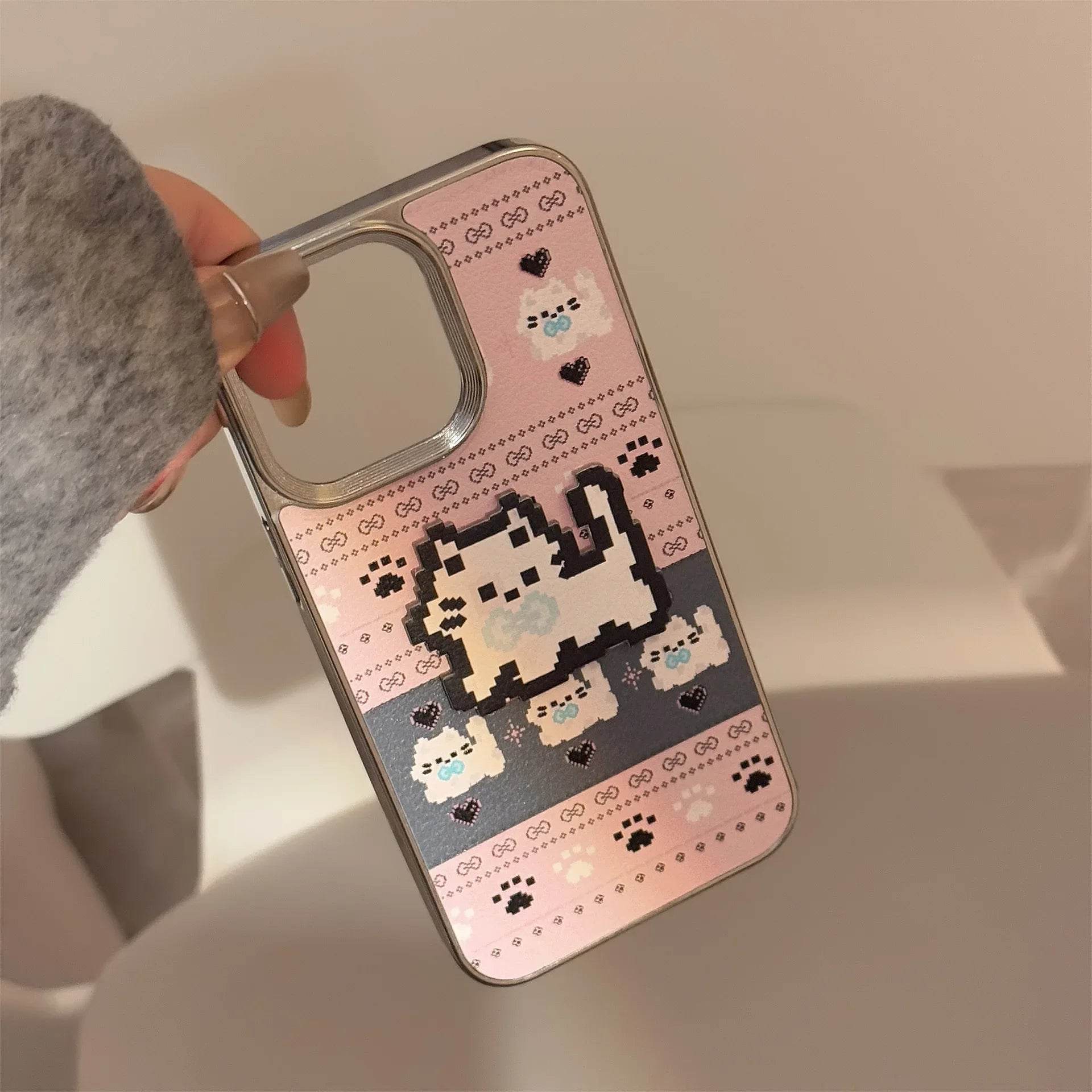 Cute Phone Cases For iPhone 16, 15, 14, 13, 12, 11 Pro Max - Pet Cat, Puppy Pixel Stick Plating Art - IC4050 - Touchy Style