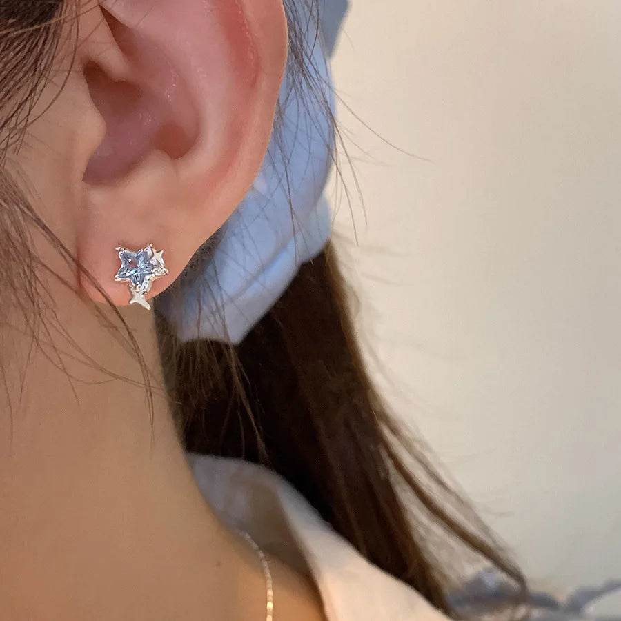 PANJBJ 925 Sterling Silver Stars Studs Hoop Earring for Women Crystal Trend Design Sweet Romantic Jewelry Gift Dropshipping - Touchy Style