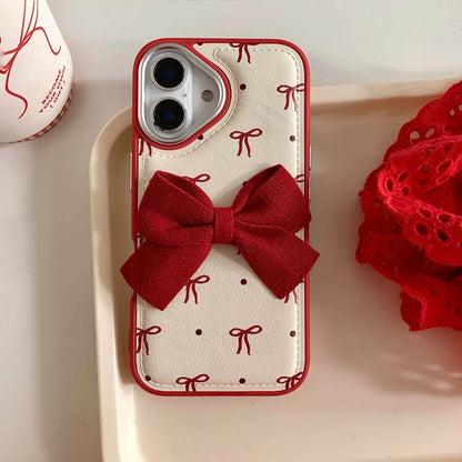 Cute Phone Cases - Leather Texture Red Bowknots - Vintage Back Cover for iPhone 16 15 14 13 Pro Max - Touchy Style