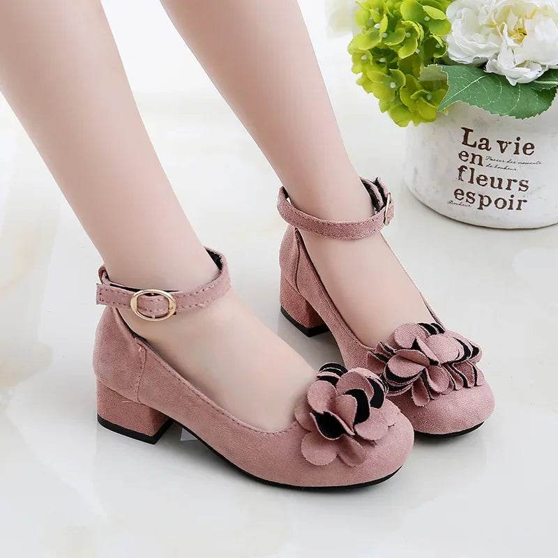 Girls Party Shoes High Heeled Fashion Princess with Flowers Sweet Chic Kids Leather Shoes for Wedding Model Shoes Ankle-strap - Touchy Style