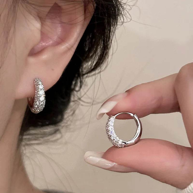 PANJBJ 925 Sterling Silver Frosting Zircon Hoop Earrings For Women Geometry Shining Minimalism Classic Jewelry Gift Dropshipping - Touchy Style