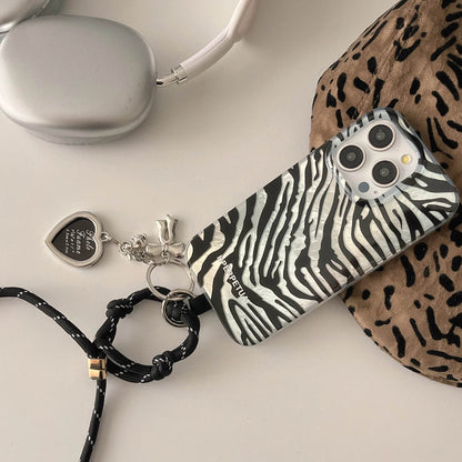 Cute Phone Cases iPhone 16, 15, 14, 13 Pro Max - Double Layers Zebra Pattern - Black Heart Wrist Chain - PC1420 - Touchy Style