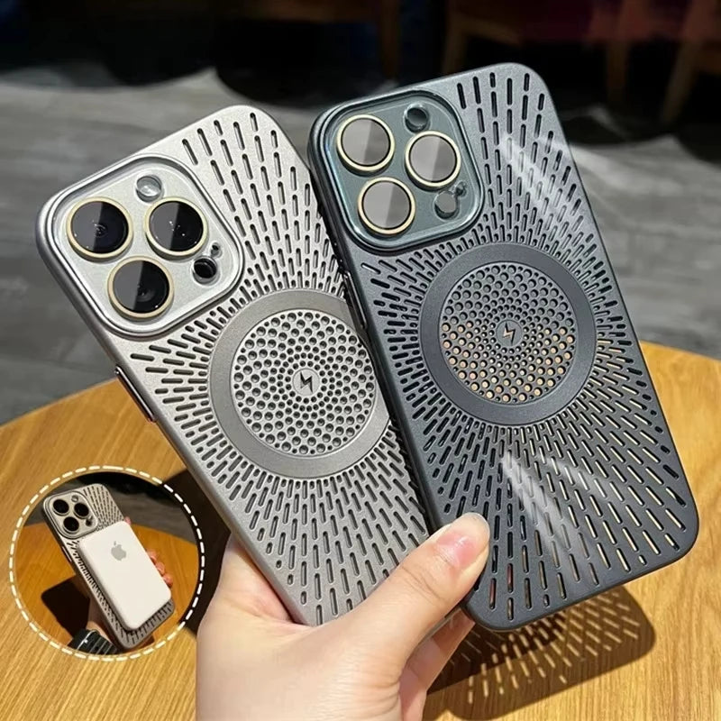 Titanium Heat dissipation Hollow Cases For iPhone 16 Pro Max 14 12 13 15 Pro Max Plus Magnetic Lens protection For Magsafe Cover
