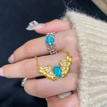 PANJBJ 925 Sterling Silver Blue Zircon Necklace for Women Girl Wing Design Feather Sweet Banquet Jewelry Gift Dropshipping - Touchy Style