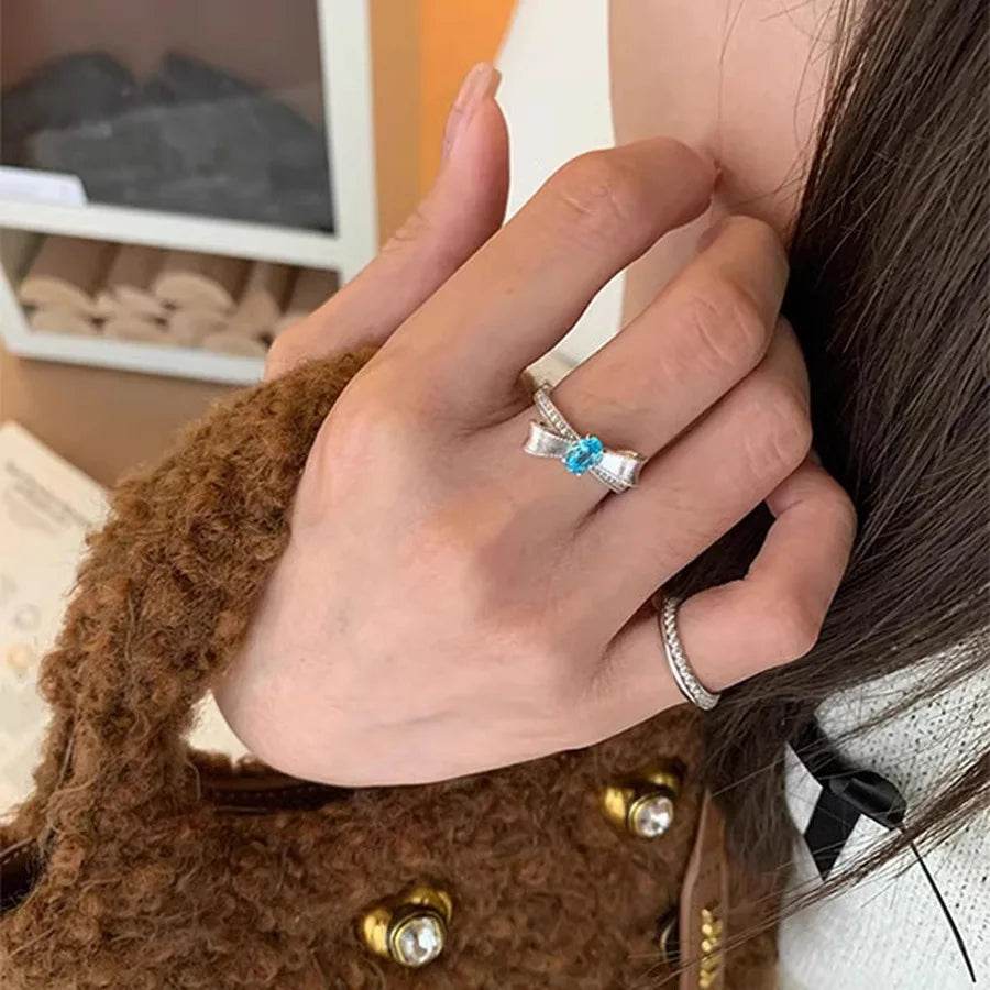 PANJBJ 925 Sterling Silver Blue Zircon Bowknot Rings For Women Frosting Zircon Versatile Sweet Romantic Jewelry Gift Dropship - Touchy Style