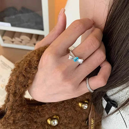 PANJBJ 925 Sterling Silver Blue Zircon Bowknot Rings For Women Frosting Zircon Versatile Sweet Romantic Jewelry Gift Dropship - Touchy Style