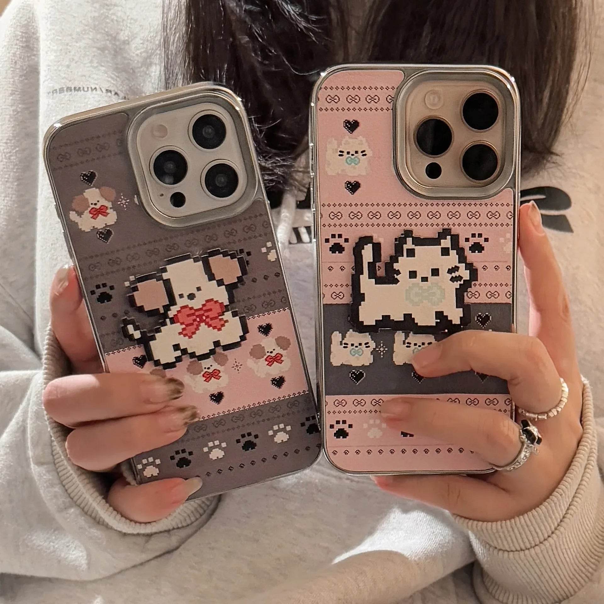 Cute Phone Cases For iPhone 16, 15, 14, 13, 12, 11 Pro Max - Pet Cat, Puppy Pixel Stick Plating Art - IC4050 - Touchy Style