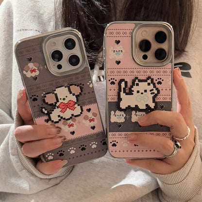 Cute Phone Cases For iPhone 16, 15, 14, 13, 12, 11 Pro Max - Pet Cat, Puppy Pixel Stick Plating Art - IC4050 - Touchy Style