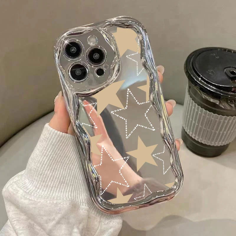 حافظات هواتف لطيفة لهاتف iPhone 11 و12 Pro و13 و14 Pro Max و14 Plus - مطلية بالفضة، ونجوم، وقلب ثلاثي الأبعاد، وسلسلة مفاتيح على شكل قوس - TSP375