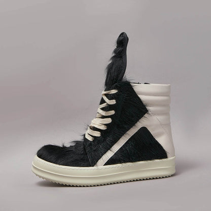 Outdoor Designer Casual Women Shoe Horse Fur Leather Men Sneaker Black Low Top Lace Up Quality Luxury Thick-sole Flat Shoe - Touchy Style