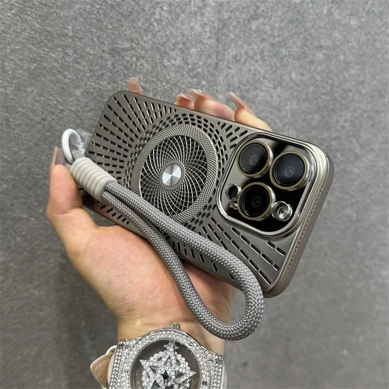 Luxury Wristband Lanyard Magnetic Case for iPhone 16 15 14 13 12 Pro Max 16 Plus Magsafe Hollow Out Heat Dissipation Slim Cover