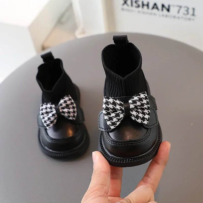High Top Baby Girl Kintted Sock Shoes Houndstooth Buttefly-knot Toddler Boots for Kids Girls Elegant Newborn Autumn Shoes G09273 - Touchy Style