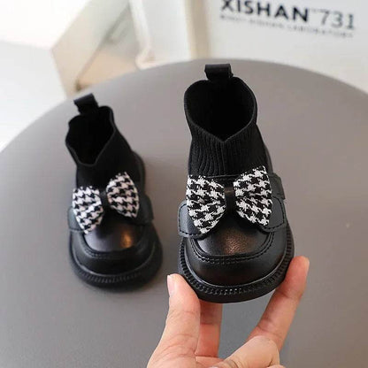 High Top Baby Girl Kintted Sock Shoes Houndstooth Buttefly-knot Toddler Boots for Kids Girls Elegant Newborn Autumn Shoes G09273 - Touchy Style