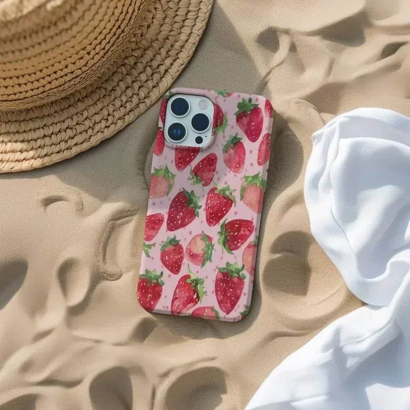 Cute Phone Cases For iPhone 16ProMax, 15, 14, 13, 12, 11 PRO Plus - Watercolor Strawberry Pattern - Acrylic TPU Cover - Touchy Style