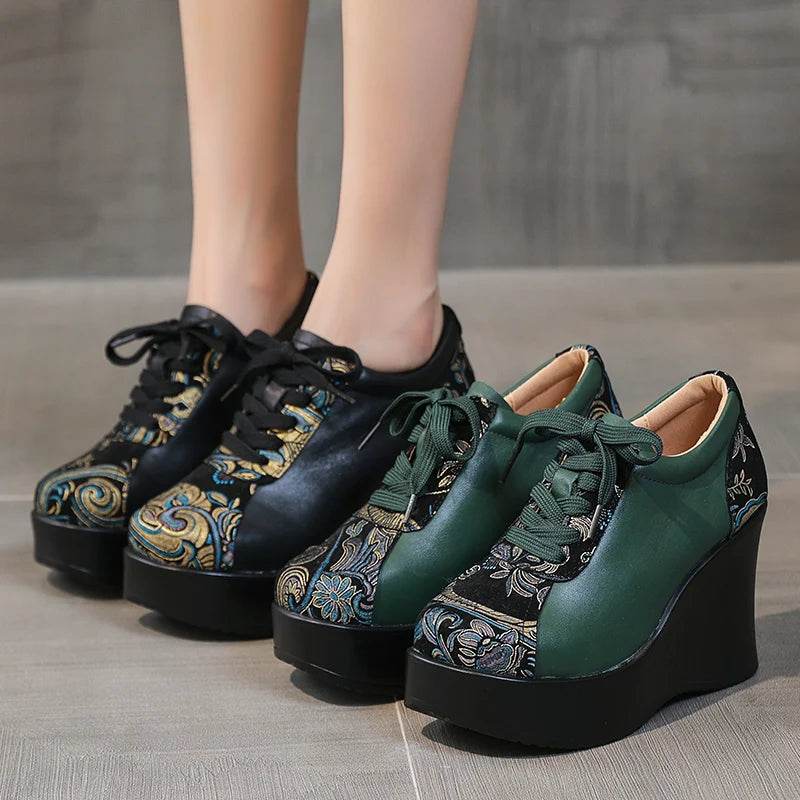 Spring Ethnic Style Women Genuine Leather Shoes Lace Up Wedges Heels Shoes Thick Sole Casual Ladies Platform Shoes - Touchy Style