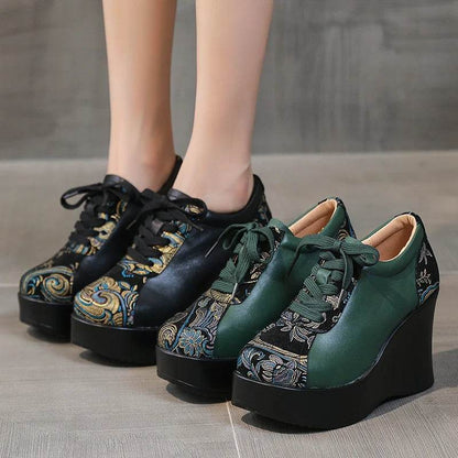 Spring Ethnic Style Women Genuine Leather Shoes Lace Up Wedges Heels Shoes Thick Sole Casual Ladies Platform Shoes - Touchy Style