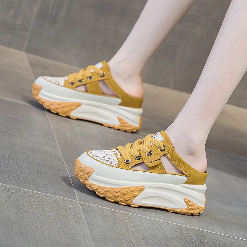 Genuine Leather Slippers Women Hollow Mules Summer Height Increasing Breathable Casual Shoes Wedges Platform Slip On Sneakers