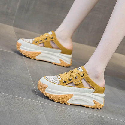 Genuine Leather Slippers Women Hollow Mules Summer Height Increasing Breathable Casual Shoes Wedges Platform Slip On Sneakers