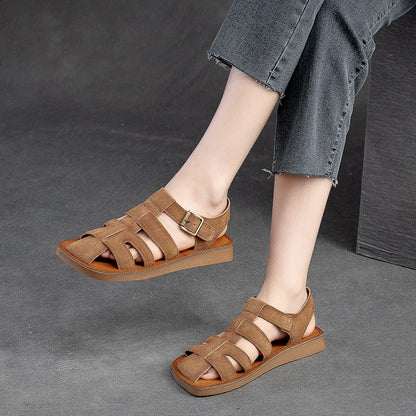 Wide Toed Flat Sandals 2024 Summer New Retro Genuine Leather Comfortable Soft Sole Versatile Women&