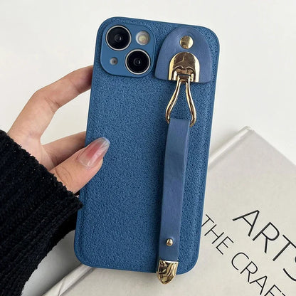 Leather Pattern Wrist Strap Case For iphone 16 15 14 13 12 11 Pro Max XR X Xs Max Luxury Shiny Color Shockproof Phone Cover