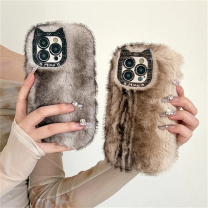 Cute Cat Fluffy Gradient Plush Phone Case For iphone 16 15 13 12 Pro Max 14 Plus 11 Girl Winter Warm Cover Cartoon Soft Shell