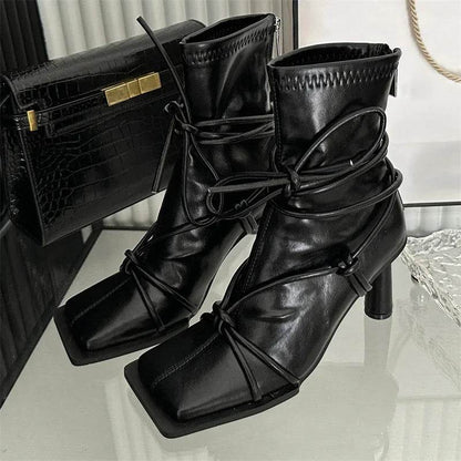 Spring Autumn Design Cross- Strap Women Ankle Boots Punk Style Square Toe High Heels Zipper Booties Shoes - Touchy Style