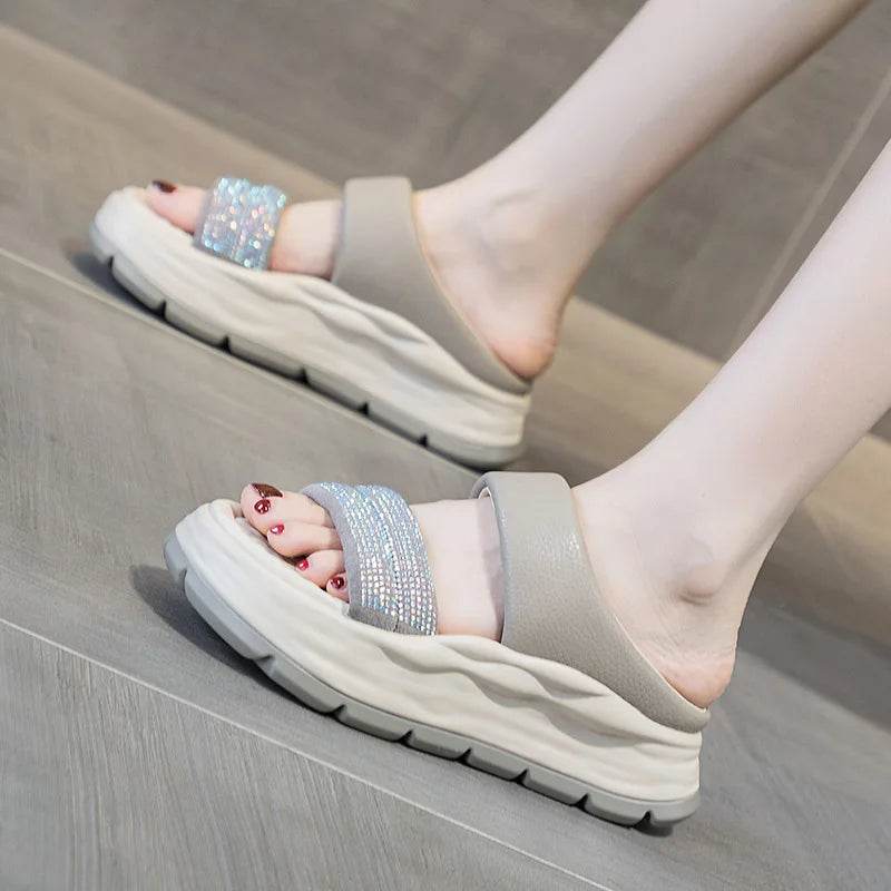 Crystal Genuine Leather Slippers Women Thick Sole Summer Height Increasing Casual Shoes Wedges Platform Slides