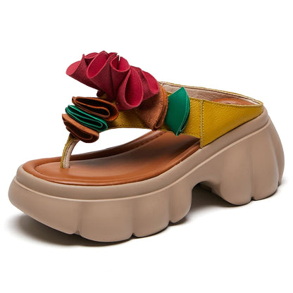 Genuine Leather Sandals Floral Women Slippers Summer Shoes Platform Outside Slides Thick Soles Leisure Ladies Slippers