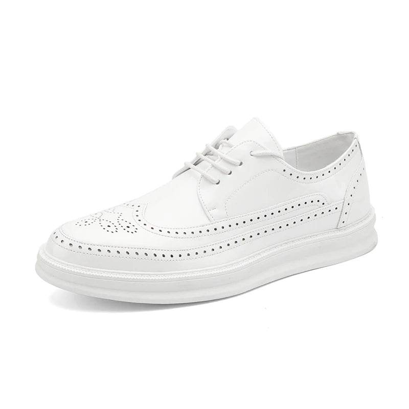 Fashion Derby Leather Men Shoes White Brogue Lace Up Solid Simple Dress Business Casual Party Wedding Flat Shoes For Man - Touchy Style