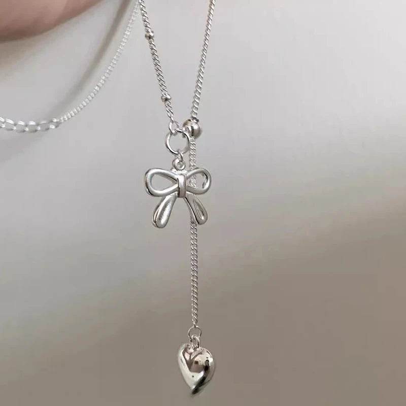 PANJBJ 925 Sterling Silver Bowknot Necklace For Women Love Heart Tassels Bead Choker Adjustable Jewelry Dropshipping - Touchy Style
