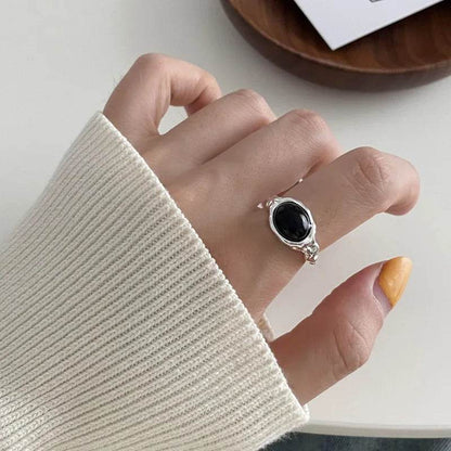 PANJBJ 925 Sterling Silver Black Agate Rings For Women Wide Irregular Geometry Versatile Texture Jewelry Party Gift Dropshipping - Touchy Style