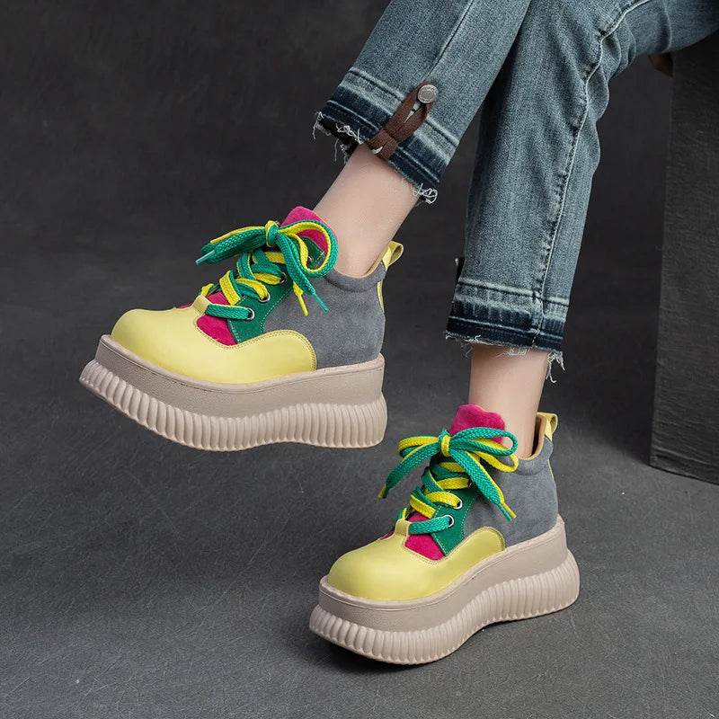 Spring New Genuine Leather Flat Platform Shoes Mixed Colors Thick Sole Shoes For Casual Sneakers Women&