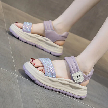 Genuine Leather Sandals Platform Wedges Women Open Toe Ladies Casual hook &amp; loop Beach Summer Shoes