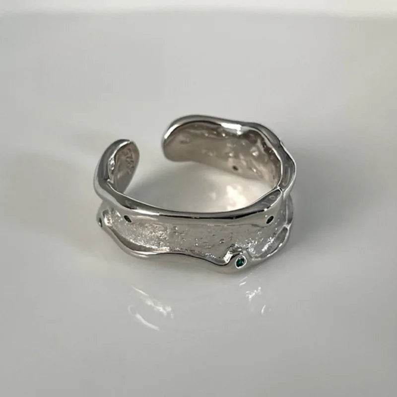 PANJBJ 925 Sterling Silver Zircon Ring For Women Irregular Liquid Lava Design Punk Versatile Adjustable Jewelry Gift Dropship - Touchy Style