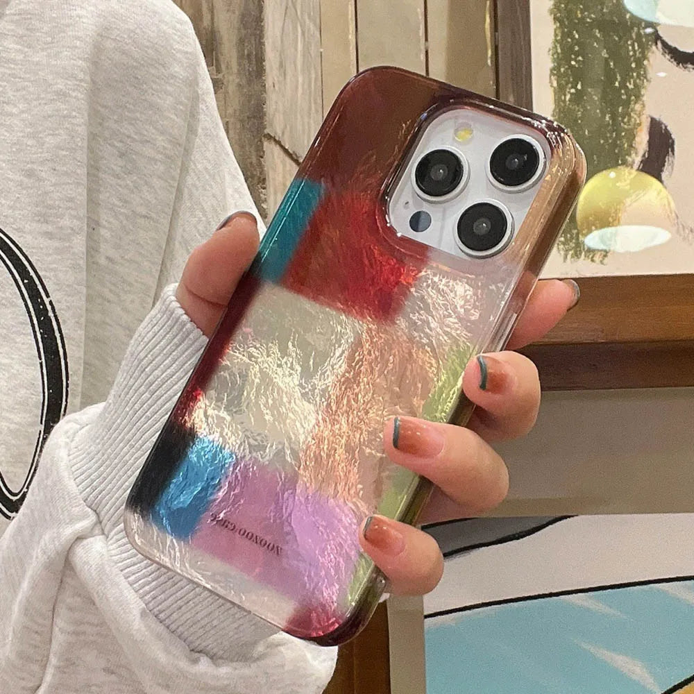 Vortex Pattern Color Grid Splicing Case For iPhone 16 Pro Max 15 14 13 12 Cover Cute Dopamine Color Block Match Plaid Soft Phone