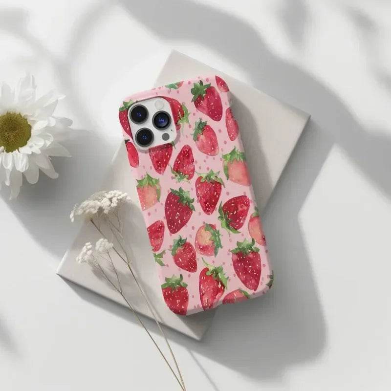 Cute Phone Cases For iPhone 16ProMax, 15, 14, 13, 12, 11 PRO Plus - Watercolor Strawberry Pattern - Acrylic TPU Cover - Touchy Style