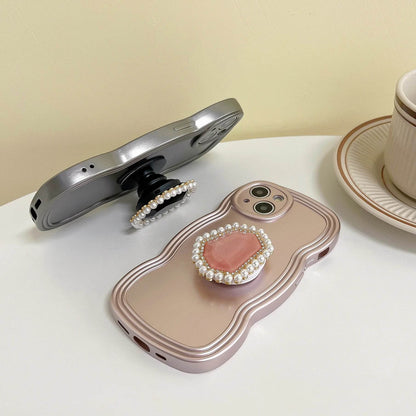 pearl Pink gemstones art Bracket shell woman girls Phone case For iPhone 16 15 14 13 Pro Max Case Cute Luxury Plating Soft Cover - Touchy Style