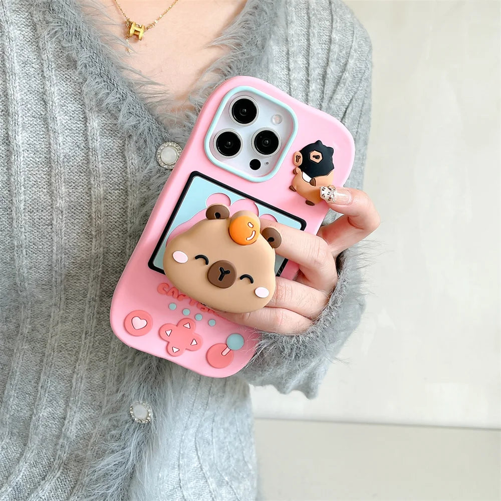 Lovely 3D Capybara Hidden Holder Stand Silicone Phone Case For iPhone 11 12 13 14 15 16 Pro Max Plus Cute Girl Cover