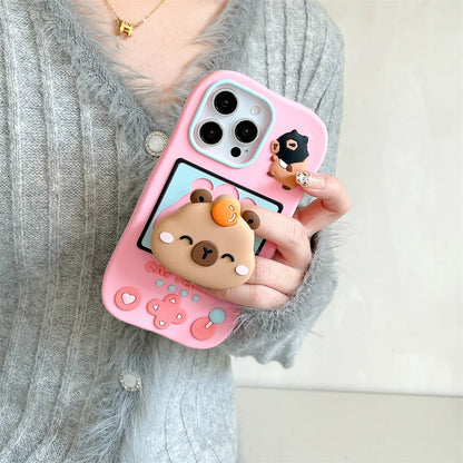Lovely 3D Capybara Hidden Holder Stand Silicone Phone Case For iPhone 11 12 13 14 15 16 Pro Max Plus Cute Girl Cover