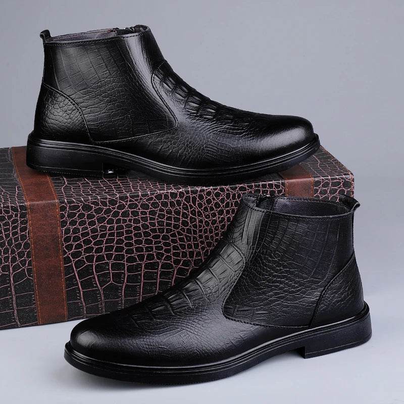 Genuine Leather Men Ankle Boots Casual Shoes Western Cowboy Boots Black Lace Up Wedding Office Dress Boots Men Business Shoes - Touchy Style